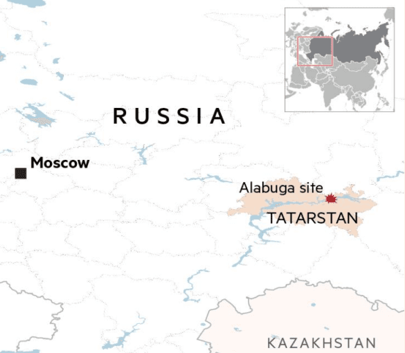 Peta Rusia dengan penanda Moskwa, Alabuga, dan Tatarstan