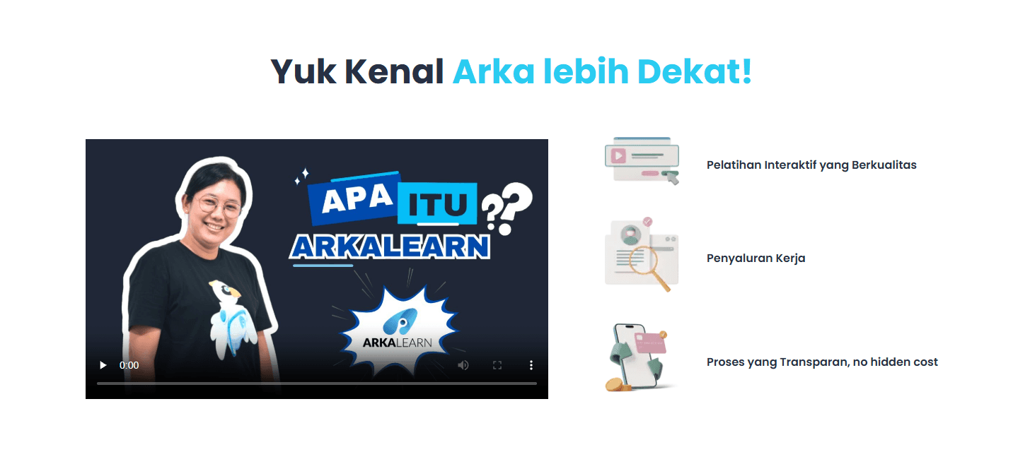 Arkalearn menyediakan pelatihan interaktif, penyaluran kerja, dan proses yang transparan.
